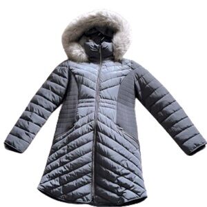 DKNY charcoal gray winter jacket zip up fur lined hood size MED